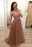 Prom Dresses A Line V Neck Tulle With Beads