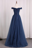 2024 Off The Shoulder A Line Prom Dresses Ruffled Bodice Tulle Sweep Train