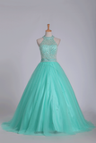 2024 Mint Ball Gown High Neck Beaded Bodice Prom Dresses Tulle Floor Length