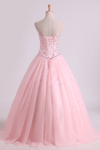2024 Sweetheart Ball Gown Quinceanera Dresses Tulle With Beads And Rhinestones