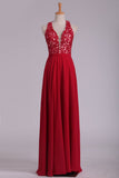 2024 V Neck Prom Dresses A Line Chiffon With Applique And Beads Open Back Floor Length