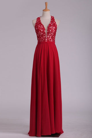 2024 V Neck Prom Dresses A Line Chiffon With Applique And Beads Open Back Floor Length