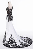 Elegant White Black Lace Appliques Mermaid Long Sleeves Satin Prom Dresses