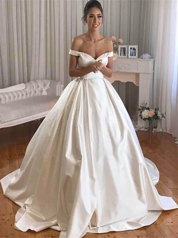 Simple Princess Ivory Ball Gown Sweetheart Satin Off the Shoulder Wedding Dresses