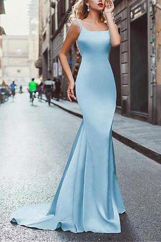 Elegant Amazing Beading Satin Scoop Mermaid Blue Backless Sleeveless Long Prom Dresses