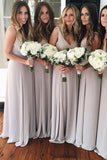 A Line V Neck Chiffon Sleeveless Gray Formal Cheap Prom Bridesmaid Dresses