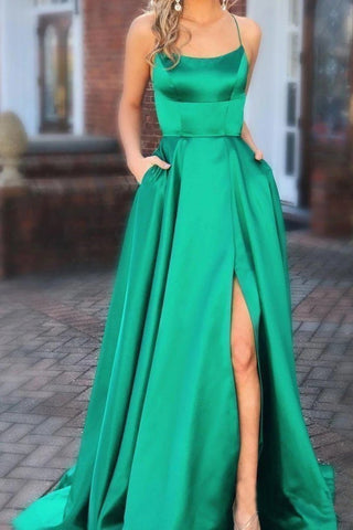 Elegant A Line Green Lace up Prom Dresses with Pockets Slit Formal Evening SRS20406
