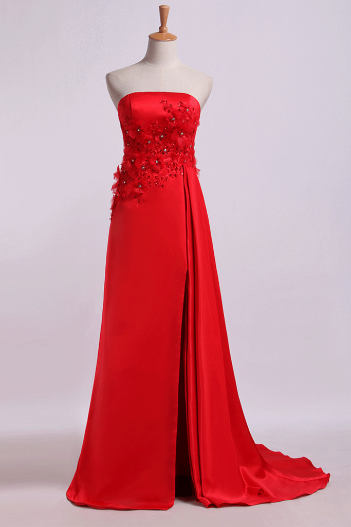 2024 Strapless Prom Dresses Column Sweep Train With Beading
