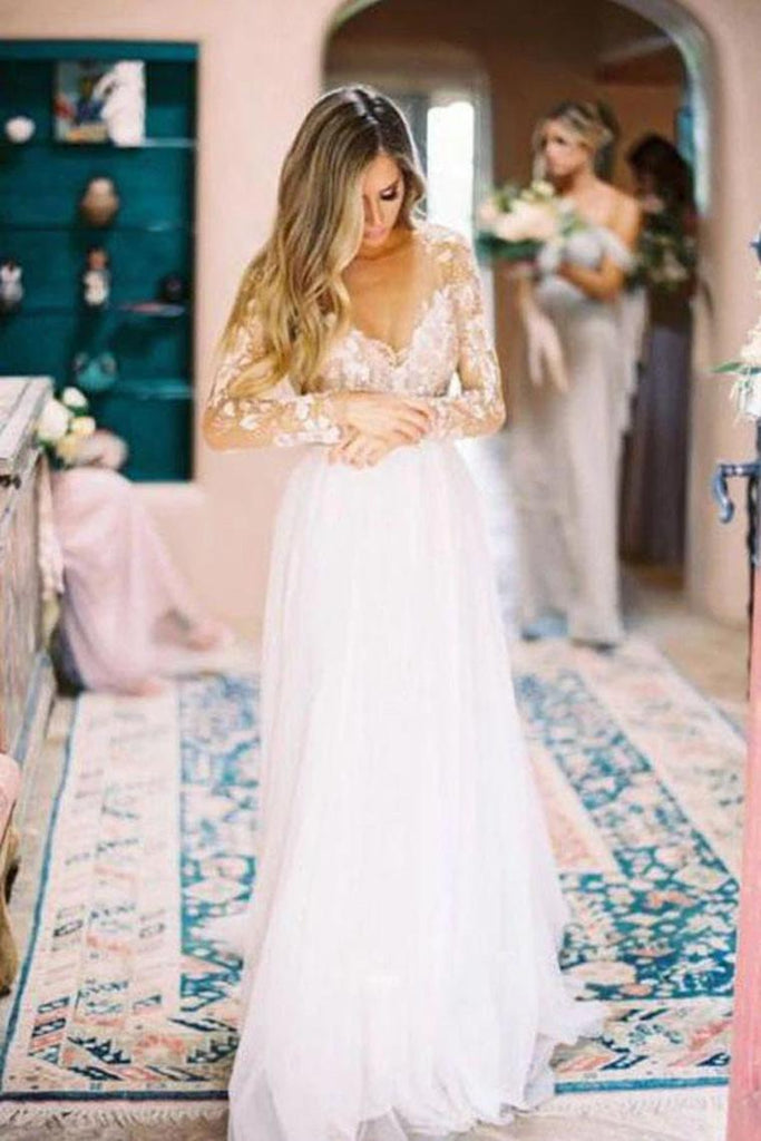 Chic A-Line Long Sleeves Lace Bodice See Through Wedding Dresses Backless Country Wedding Dress