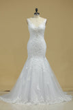2024 Straps Open Back Tulle With Applique And Beads Mermaid Chapel Train Wedding Dresses
