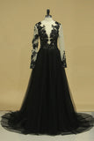 2024 Tulle Scoop Long Sleeves A Line Prom Dresses With Slit And Applique