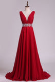 2024 A Line V Neck Pleated Bodice Chiffon Prom Dresses With Beading Court Train