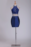 2024 Two Pieces Halter Homecoming Dresses Sheath With Beads Short/Mini Dark Royal Blue