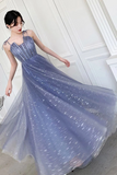 Unique Sparkle Straps Floor Length Tulle Prom Dress, A Line Sleeveless Evening Dresses