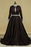 2024 High Neck Long Sleeves Prom Dresses A Line Satin With Beading
