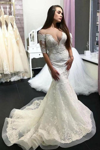 Gorgeous Sheer Neck Half Sleeves Lace Appliques Mermaid Long Wedding Dress