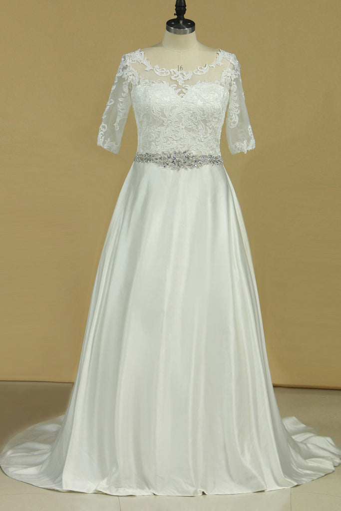 2024 Plus Size Mid-Length Sleeve Wedding Dresses Scoop Satin With Applique