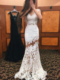 High Neck Cap Sleeves Lace Mermaid Sexy White Lace Open Back Beautiful Women Dresses