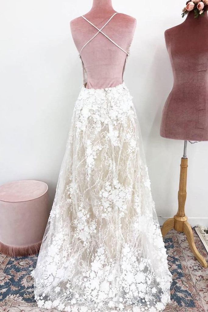 Unique Spaghetti Straps Lace Appliques V Neck Wedding Dresses, Long Wedding Gowns