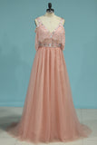 2024 Straps With Beads A Line Prom Dresses Tulle & Lace Open Back