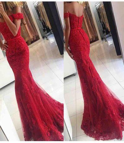 Lace Mermaid Off Shoulder Red Prom Dresses Charming Evening Dress Sexy prom dress L85
