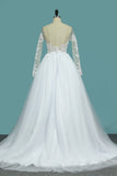 2024 Wedding Dresses Bateau Long Sleeves A Line With Applique Tulle Open Back
