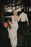 Elegant Long Sleeve Ivory Sheath Wedding Dresses Backless Lace Applique Country Wedding Dress