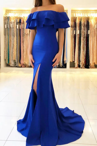 Elegant Off the Shoulder Royal Blue Mermaid Ruffle Sleeve Satin Long Prom Dresses SRS15190