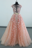 See Through Cap Sleeves Floor Length Tulle Prom Dress With Appliques Belt