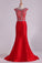 2024 Red Bateau Lace&Taffeta Prom Dresses Mermaid With Beads