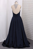2024 Scoop A Line Satin Prom Dresses With Beading Floor Length