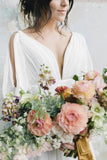 Simple A Line Ivory Chiffon V Neck Wedding Dresses, Half Sleeves Long Wedding Gowns