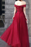 2024 Prom Dresses A Line Off The Shoulder Tulle With Applique And Sash