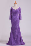 2024 Purple Mother Of The Bride Dresses V Neck 3/4 Length Sleeve Mermaid Lace Floor Length