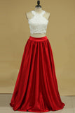 2024 Two-Piece A Line Prom Dresses Scoop Satin With Applique Floor Length