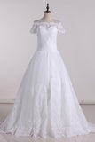 2024 Wedding Dresses A Line Boat Neck Tulle With Applique Court Train