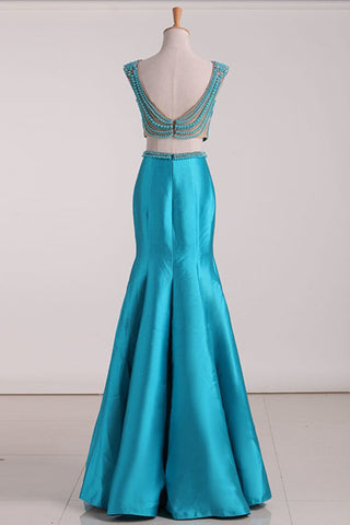 2022 Two Pieces Prom Dresses Satin With Beading Sweep Train