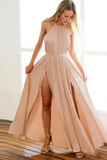 Backless Halter Floor Length Prom Dresses With Split