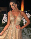 Charming Gold Sequins V Neck A Line Backless Prom Dresses, Formal SRS15627