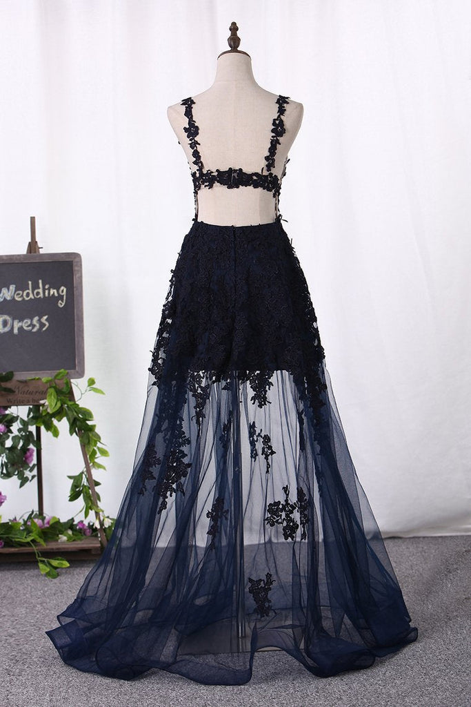2024 Open Back V Neck Prom Dresses A Line Tulle With Applique