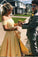 Elegant Two Pieces Yellow Off the Shoulder Prom Dresses Satin Appliques Party Dresses SRS15210