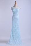 2024 Bateau Prom Dresses Lace Sheath Floor Length With Sash