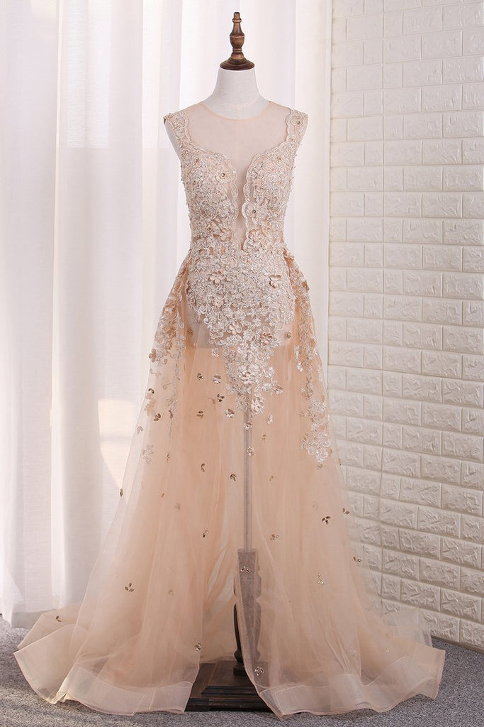 2024 Sexy See-Through Sheath Scoop Prom Dresses Tulle With Applique And Slit