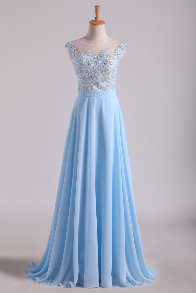 2024 Scoop Cap Sleeves Prom Dresses Chiffon With Applique Floor Length