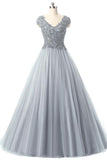2024 Tulle Prom Dresses V-Neck Floor-Length With Sash And Applique