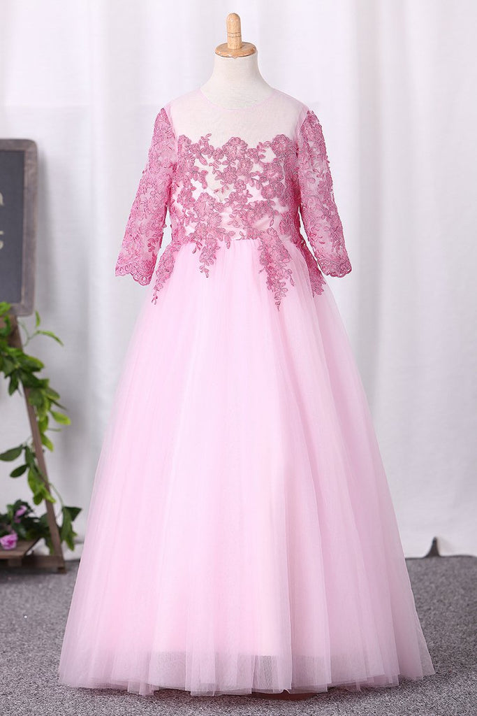 2024 Flower Girl Dresses Ball Gown Scoop 3/4 Length Sleeves Tulle Floor Length With Appliques