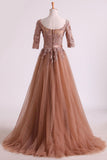 2024 Mother Of The Bride Dresses A Line Bateau Tulle With Applique & Sash Sweep Train