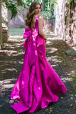 New Arrival V Neck Open Back Mermaid Prom Dresses Satin With Bow Knot