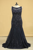 2024 Plus Size See-Through Prom Dresses Scoop Mermaid Tulle With Applique And Beading Black