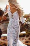 Long Sleeve V Neck Lace Wedding Dresses Vintage Mermaid Wedding Dress